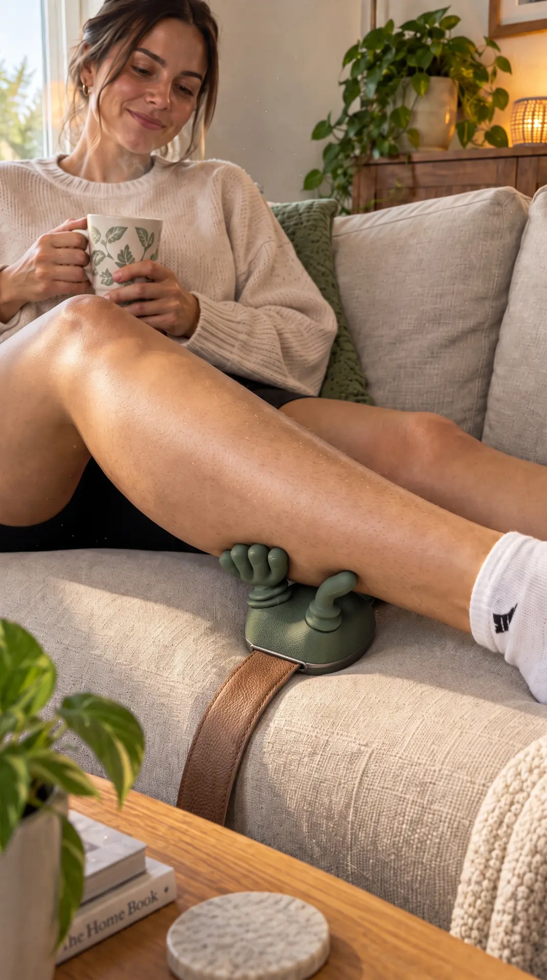 Woman relaxing on the sofa using the Relax Circuit Smart Neck Massager on her calf