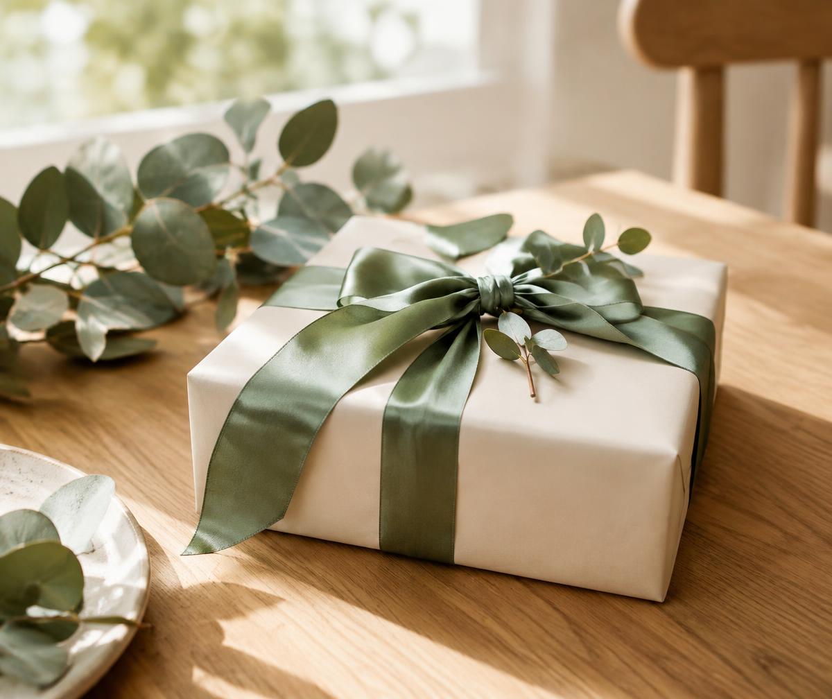 Beautifully wrapped relaxation gift with sage ribbon